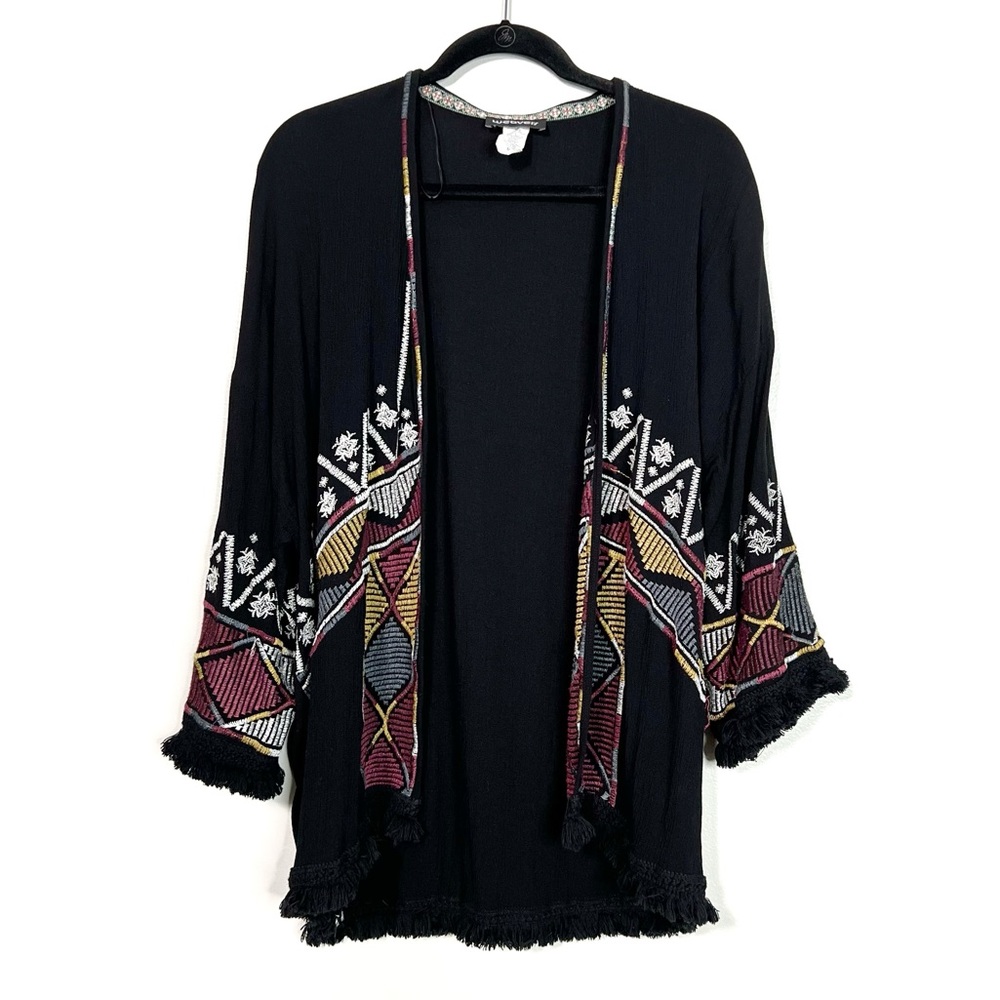WEAVERS Boho Embroidered Lightweight Rayon Cardigan with Fringe size Medium